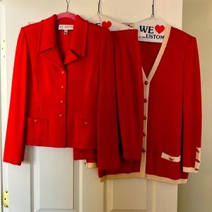St John knit suit jacket, cardigan and skirt in deep coral/poppy